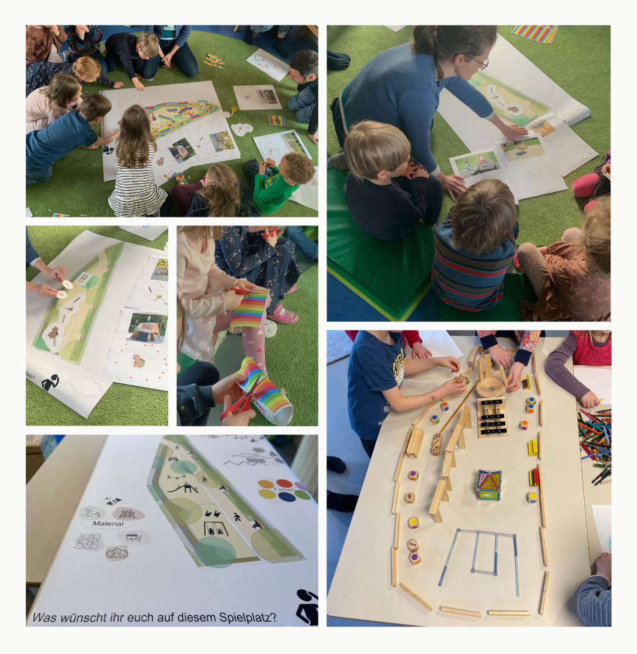 Kinder entwickeln gemeinsam Ideen für die Gestaltung eines Spielplatzes.